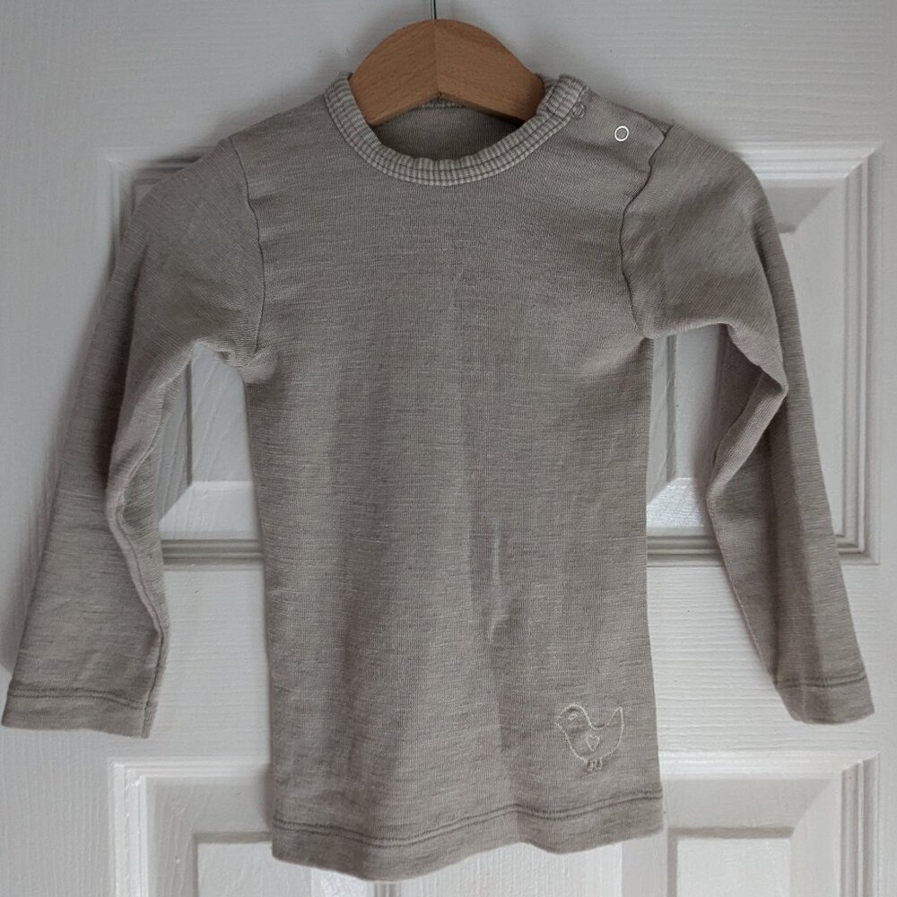 Organic Wool/ Silk Long Sleeved Shirt with Shoulder Snaps Size: 12-24 mo.